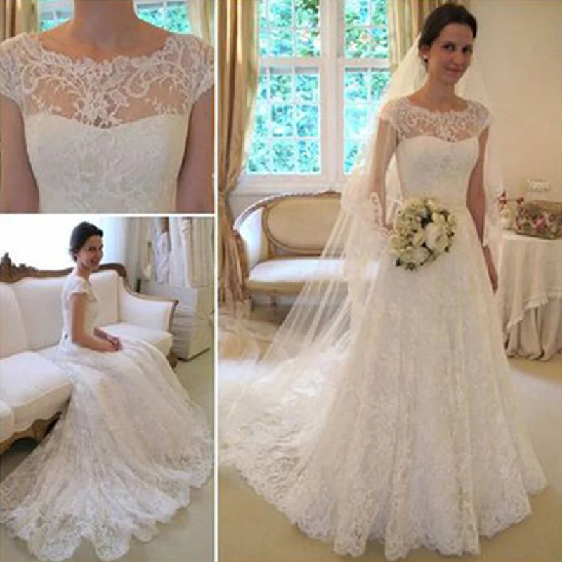 Long A-Line Round Neck Illusion White Lace Wedding Party Dresses, WD0044 Tunics Trousers formal Long A-Line Round Neck Illusion White Lace Wedding Party Dresses, WD0044 Tunics Trousers formal