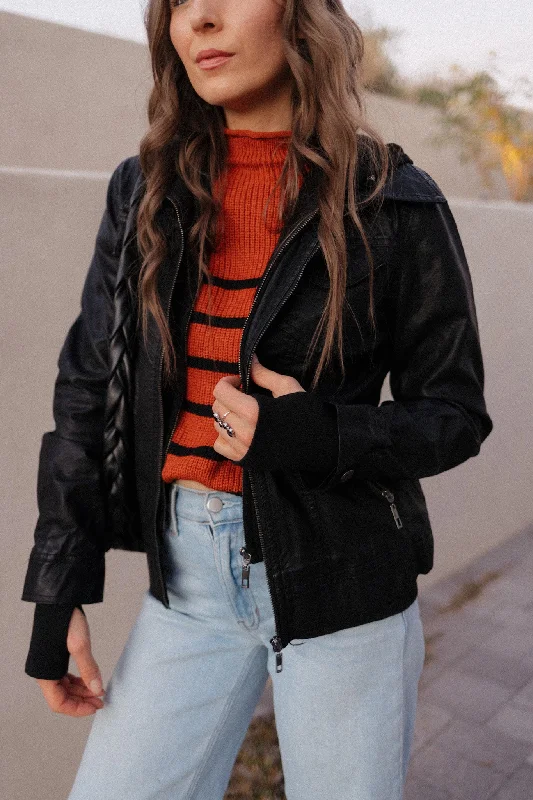 Black Hooded Lined Vegan Leather Moto Jacket with Thumbholes A-Line Jacket Boat Neck Shawl Collar