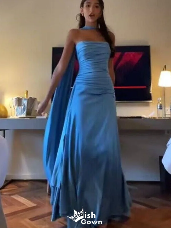 Elegant Blue Strapless A-line Long Prom Dresses Party Dress,WGP1034 Tunics Bridal satin