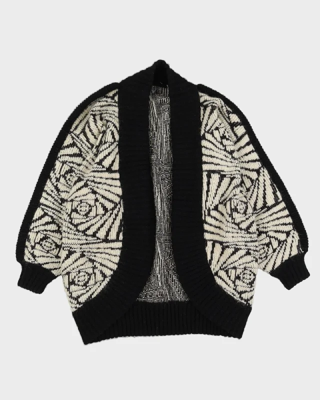 Black And Cream Patterned Knitted Cardigan - M Boat Neck Shawl Collar Notched Collar