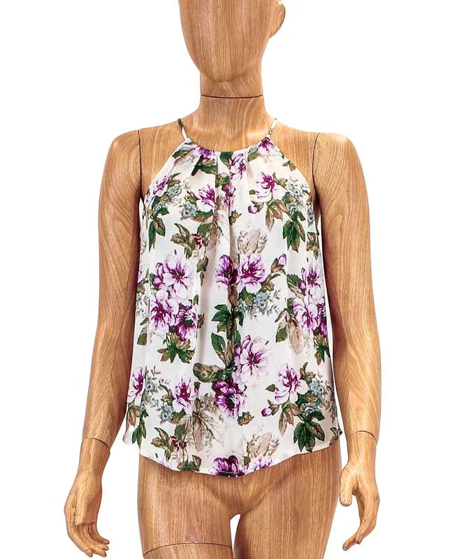 Floral Crew Neck Silk Tank fitted tank top