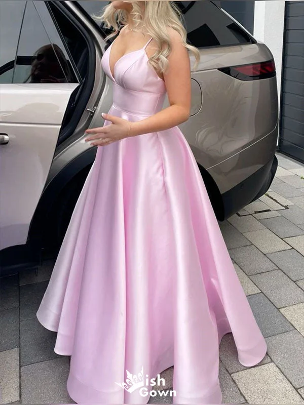 Elegant Light Pink Spaghetti Straps V Neck A-line Long Party Dress Prom Dresses,WGP985 Tunics Brand named
