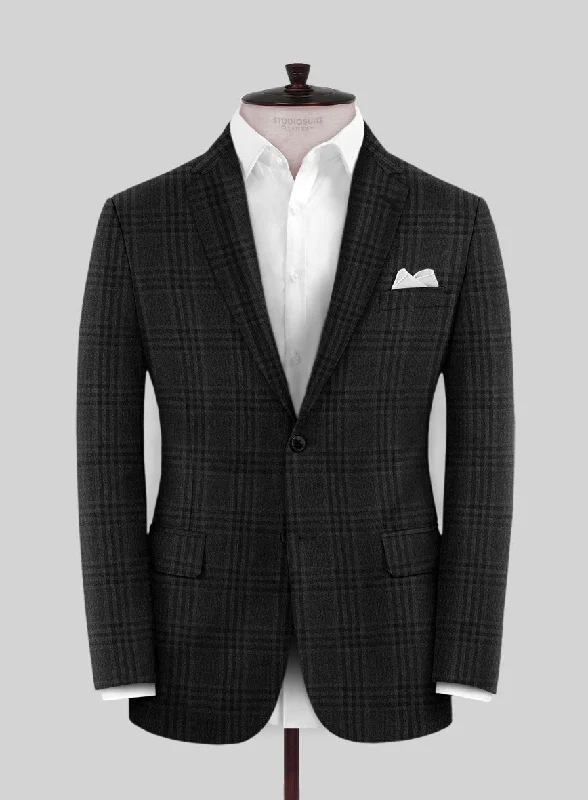 Scabal Charcoal Checks Wool Jacket Toggled Jacket Drawstring Jacket Belted Jacket