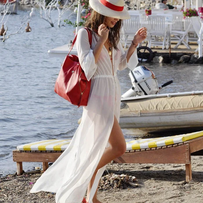 Sexy Vacation Beach Long Dress #White #Cardigan #Button #Lantern Sleeve Slim Fit Regular Fit Oversized