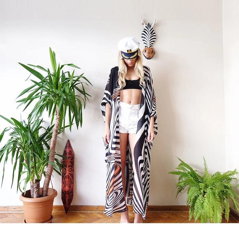 Zebra Print Chiffon Loose Beach Cardigan #Cardigan #Chiffon #Zebra Chenille Brocade Lace
