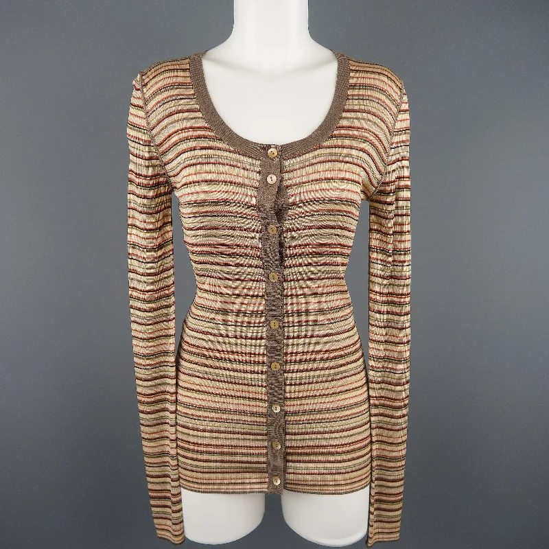 DOLCE & GABBANA Size 8 Beige Rayon / Silk Striped Scoop Neck Cardigan Button Cardigan Zip Cardigan Pullover Cardigan