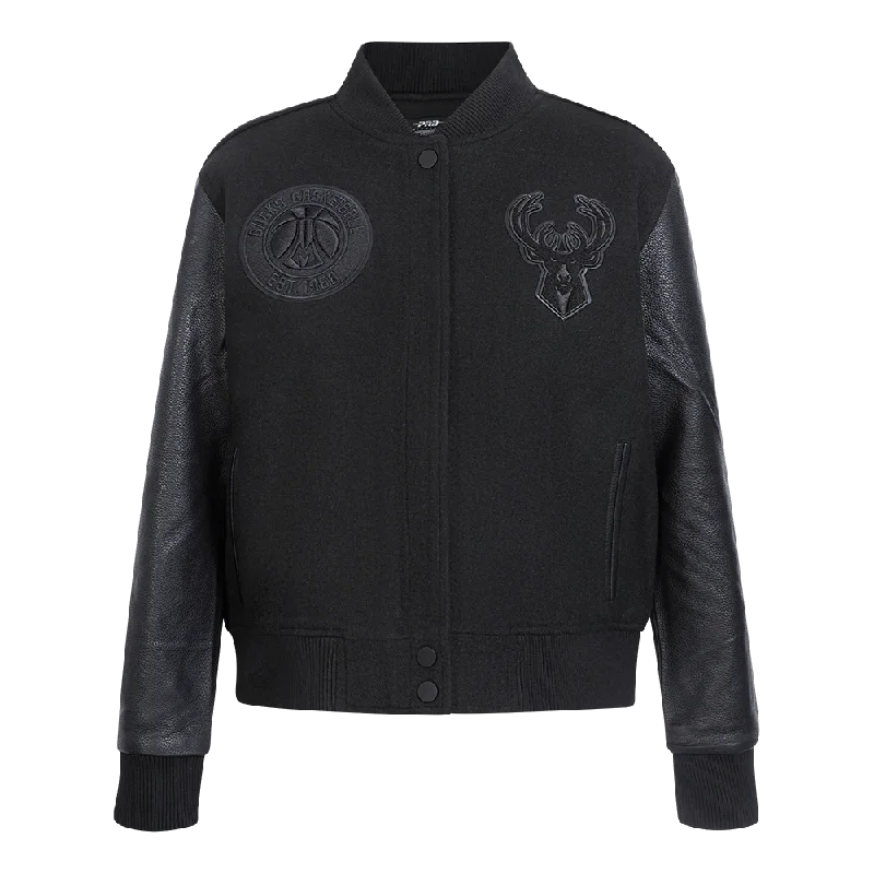 NBA MILWAUKEE BUCKS TRIPLE BLACK WOMEN'S WOOL VARSITY JACKET (TRIPLE BLACK) Denim Fabric Leather Fabric Suede Fabric