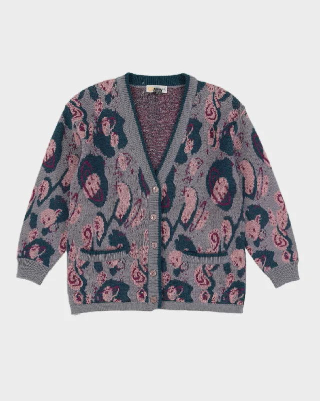 1990s Grey And Pink Knitted Cardigan - M Welt Pockets Slit Pockets Flap Pockets