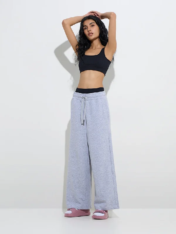 Superstar Grey Wide-Leg High-Rise Cotton-Blend Track Pants Lightweight Jogger Pants