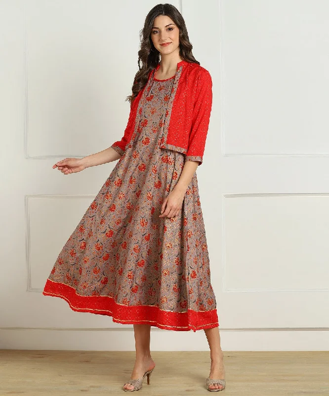Floral Print Anarkali Kurta with Jacket - Grey/Red Rayon Fabric Velvet Fabric Corduroy Fabric