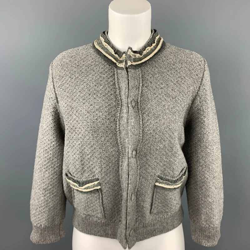 FENDI Size 6 Gray Wool Knitted Ruffle Trim Cardigan Fleece Fabric Down Fabric Feather Fabric FENDI Size 6 Gray Wool Knitted Ruffle Trim Cardigan Fleece Fabric Down Fabric Feather Fabric
