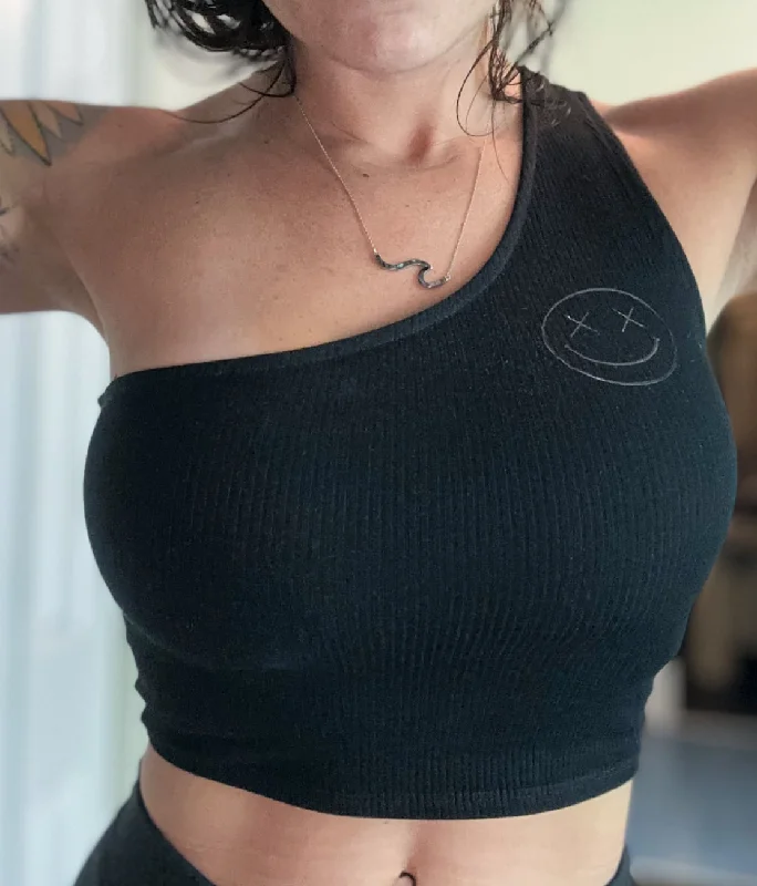 Salty Savage Ladies “OG Smile” One Shoulder Ribbed Crop Tank relaxed fit tank