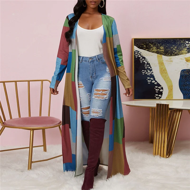 Women Fashion Contrast Color Plaid Print Long Sleeve Cardigan Coat Cable Knit Ribbed Knit Lace Knit