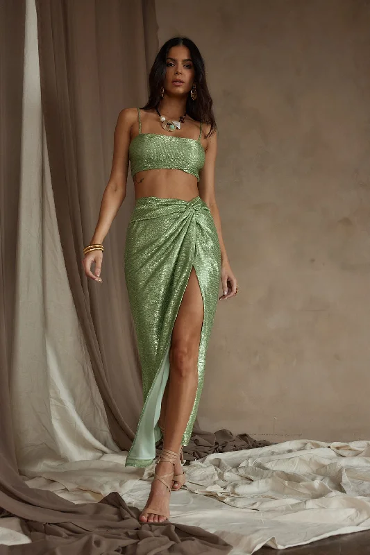Toulouse Metallic Sage Maxi Skirt high waist skirt