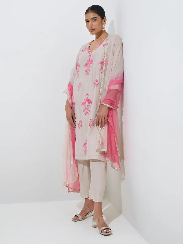 Vark Beige Embroidered A-Line Kurta, Pants and Dupatta Set Formal Stretch Pants