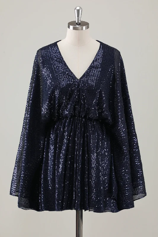 Sparkly Navy Short A-Line Holiday Party Dress with Long Sleeves Mermaid Tail Wedding Sparkly Navy Short A-Line Holiday Party Dress with Long Sleeves Mermaid Tail Wedding