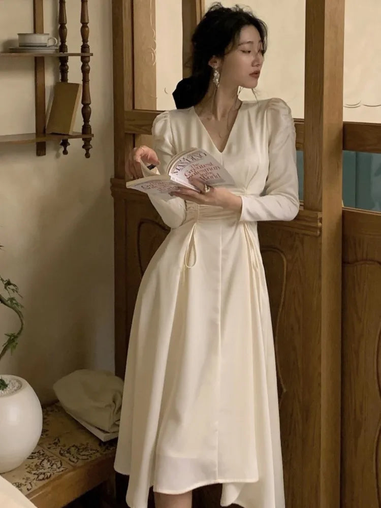 Cinessd Christmas Gift Outfit French Vintage Elegant Drawstring V Neck Midi Dress Fashion Ruched Long Sleeve Korean Party Dress Casual Autumn New 2022 Tunics Denim casual Cinessd Christmas Gift Outfit French Vintage Elegant Drawstring V Neck Midi Dress Fashion Ruched Long Sleeve Korean Party Dress Casual Autumn New 2022 Tunics Denim casual