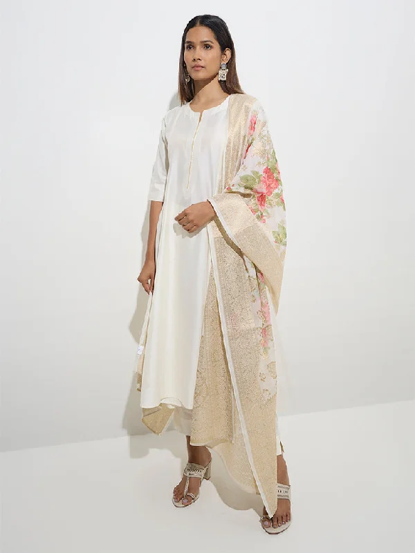 Vark Off-White A-Line Kurta, Pants and Floral Dupatta Set Lightweight Jogger Pants