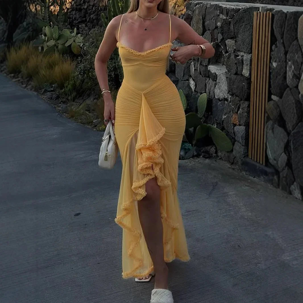 Cinessd Christmas Gift Outfit Summer Birthday Party Dresses 2024 Irregular Ruffle Elegant Mesh Dress Yellow Long Dresses for Women Tunics Occasion special Cinessd Christmas Gift Outfit Summer Birthday Party Dresses 2024 Irregular Ruffle Elegant Mesh Dress Yellow Long Dresses for Women Tunics Occasion special