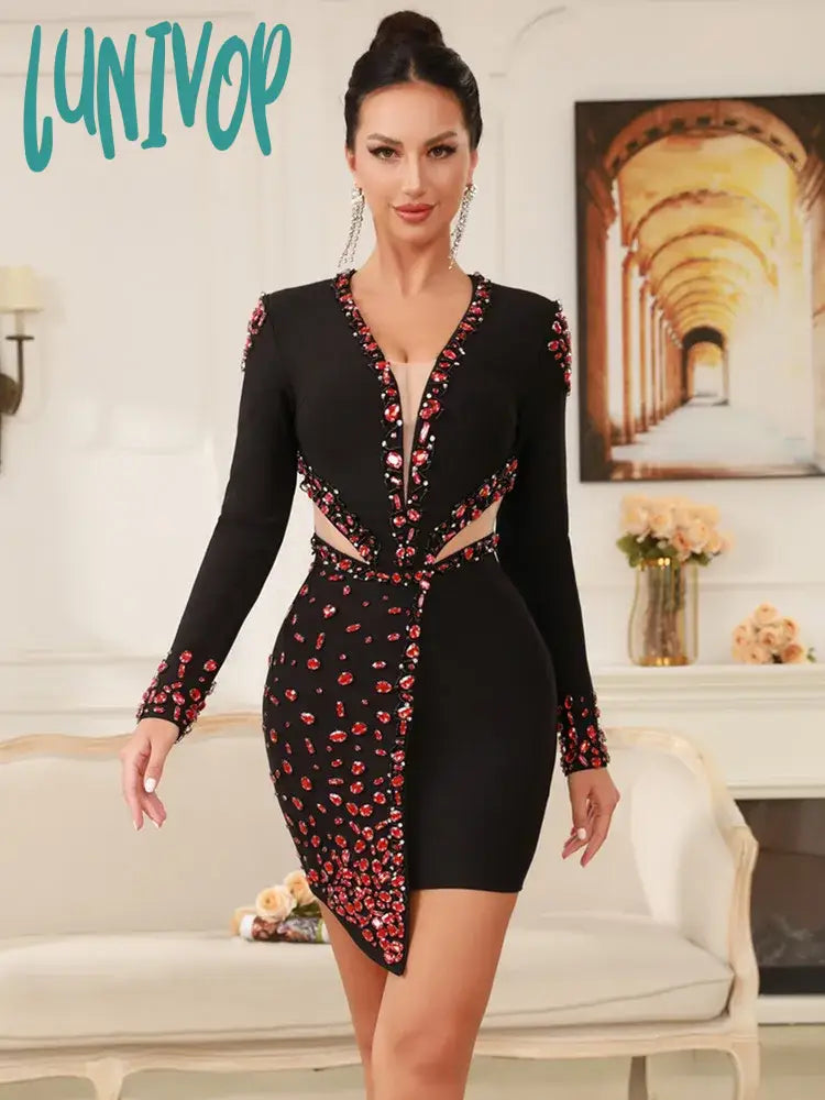 Lunivop Women Winter Sexy Long Sleeve V Neck Beading Black Mini Bandage Dress 2024 Knitted Elegant Evening Club Party Dress Off-the-shoulder Chic Trendy Lunivop Women Winter Sexy Long Sleeve V Neck Beading Black Mini Bandage Dress 2024 Knitted Elegant Evening Club Party Dress Off-the-shoulder Chic Trendy
