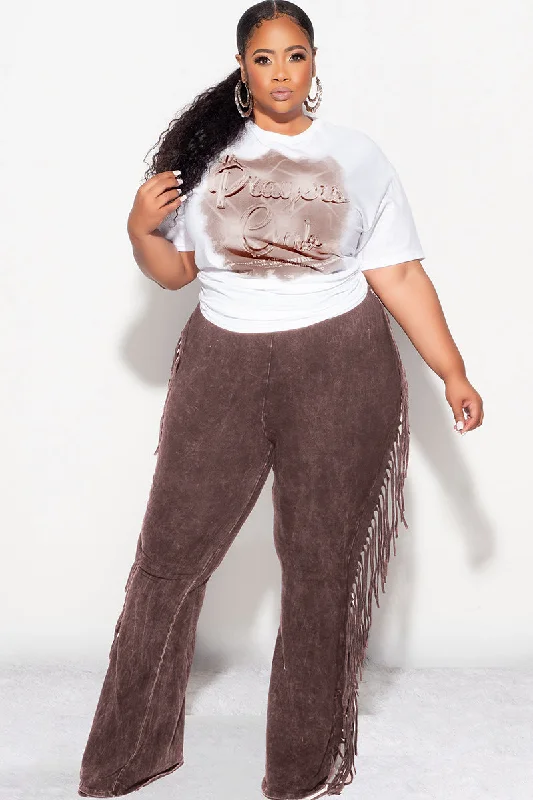 Final Sale Plus Size High Waist Fringe Trim Pants in Brown Mineral Wash Print Jersey Casual Drawstring Pants