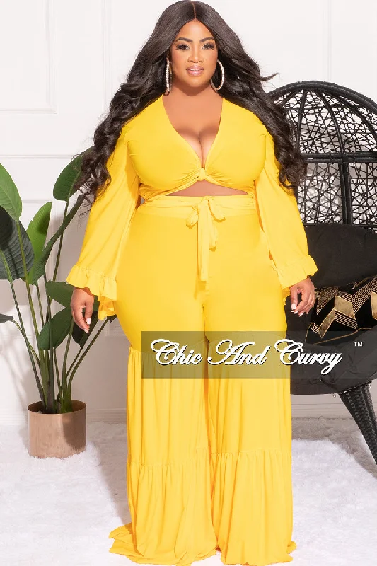Final Sale Plus Size 2pc Long Sleeve Crop Tie Top and 3-Layer Pants Set in Yellow Trendy Tapered Pants