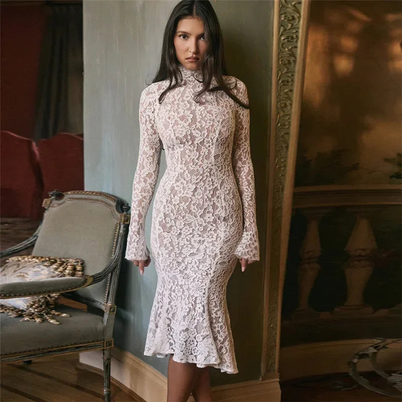 Cifeeo-Autumn Long Sleeve Dress White Elegant Lace Dress 2025 New Arrivals Stand Collar Slim Birthday Party Dresses Women Tunics Versatile functional Cifeeo-Autumn Long Sleeve Dress White Elegant Lace Dress 2025 New Arrivals Stand Collar Slim Birthday Party Dresses Women Tunics Versatile functional
