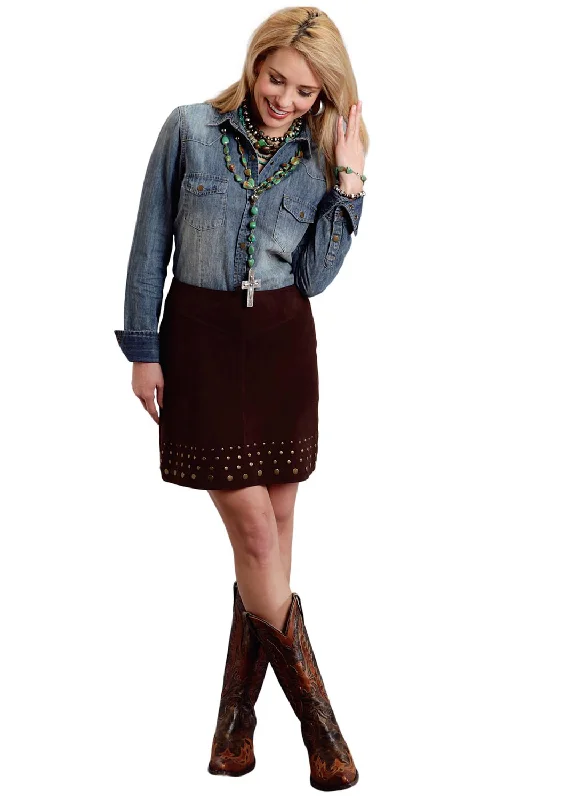 Stetson Ladies Brown Leather Suede Lamb Studded Skirt 10 corduroy skirt durable