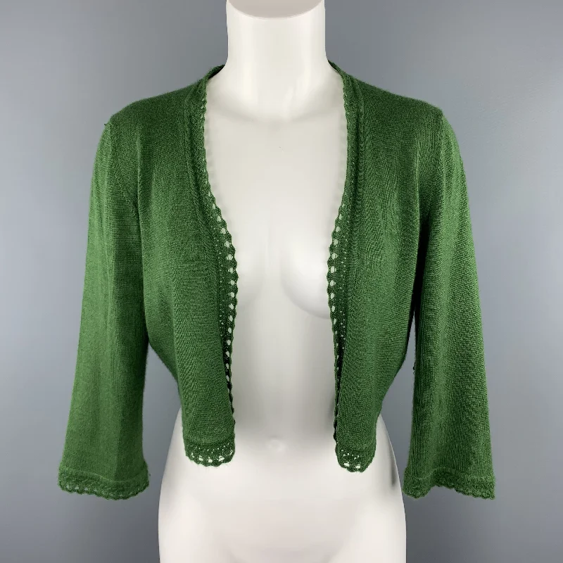OSCAR DE LA RENTA Size M Green Cashmere / Silk Lace Trim Bolero Cardigan Nylon Fabric Polyester Fabric Spandex Fabric