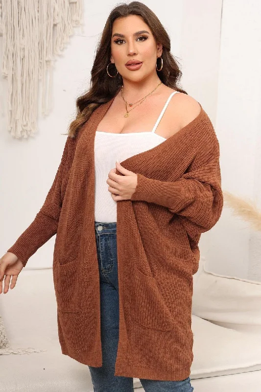 WOMEN PLUS SIZE OPEN FRONT KNIT POCKET CARDIGAN Glossy Satin Silk