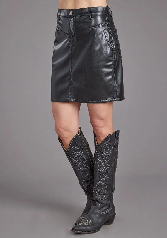 Stetson Womens Front Back Yokes Black Faux Leather Skirt satin skirt smooth