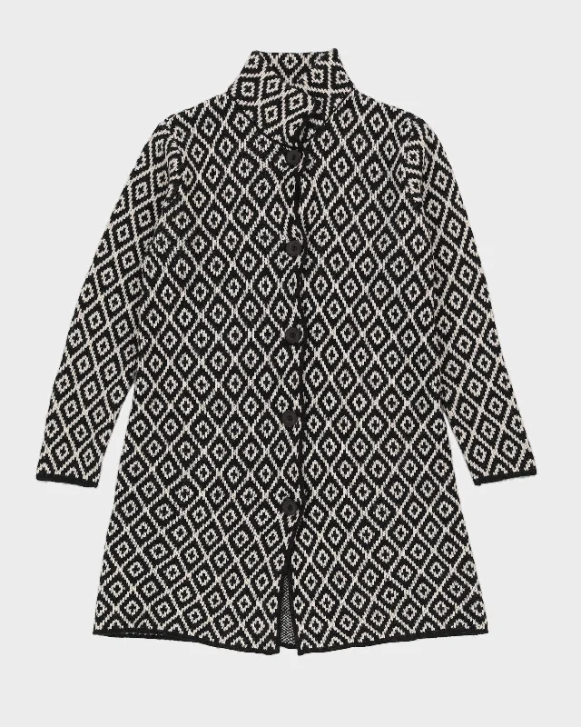 White And Black Patterned Long Cardigan - M Open Front Closed Front Wrap Front