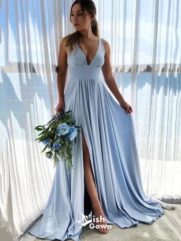 Elegant Blue V Neck Side Slit A-line Long Party Dress Prom Dresses,Evening Dress Online, WGP936 Tunics Ceremony elegant
