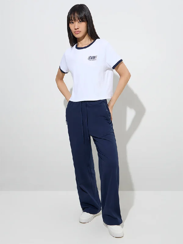 Studiofit Navy High-Rise Cotton Track Pants Elegant Wool Trousers