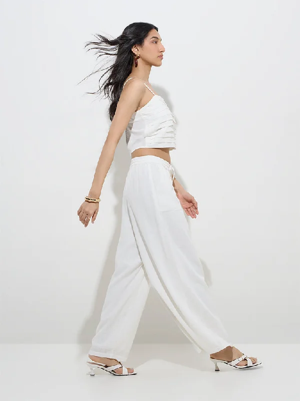 LOV White Linen-Blend High-Rise Pants Trendy Printed Pants