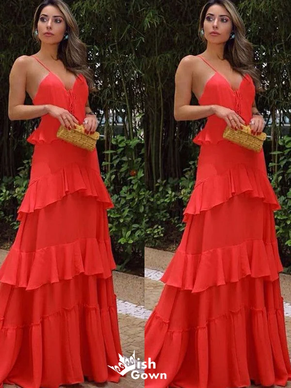 Elegant Red Spaghetti Straps V Neck A-line Long Party Dress Prom Dresses, WGP974 Tunics Chic fashionable