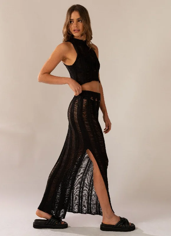 Perri Ladder Knit Maxi Skirt - Black lace skirt feminine