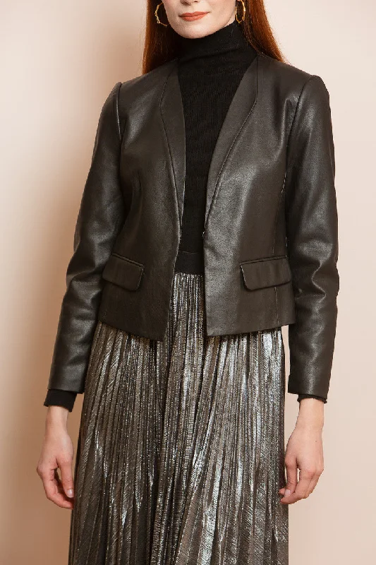 JESSIE LIU Pleather Cropped Jacket - Black Stand-Up Collar Roll-Neck Collar Turtle Neck