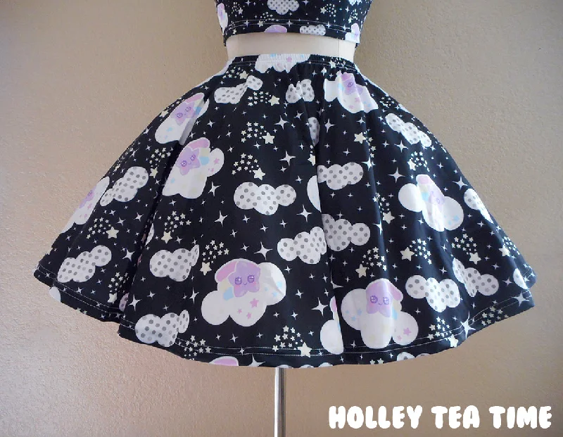 Shooting Star Clouds Black Skater Skirt [Made To Order] wool skirt sturdy
