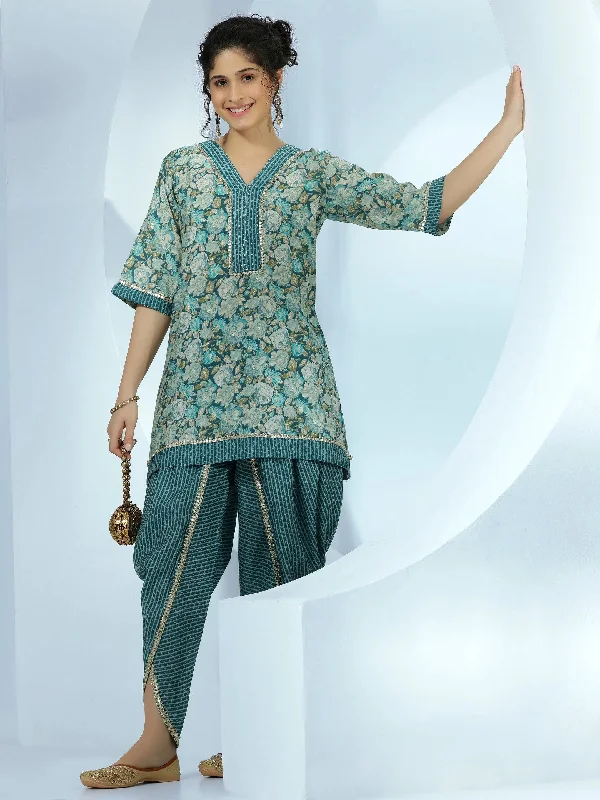 Blue Printed Silk Blend A-Line Kurta With Dhoti Pants Trendy Palazzo Pants