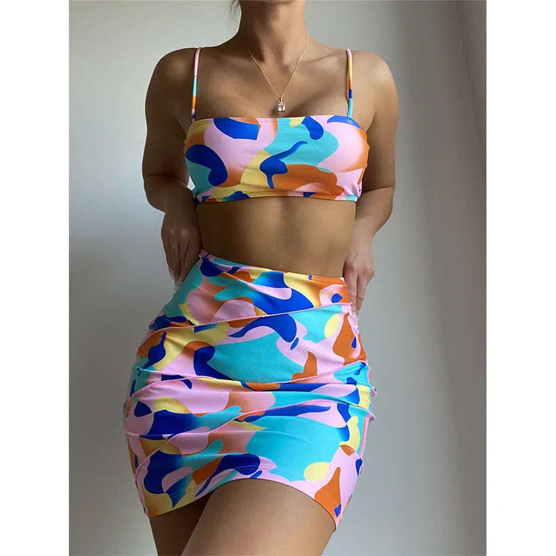 Color Pack Hip Geometric Print Sexy Brazilian Beach Swimwear Stylish Cover-Up Set