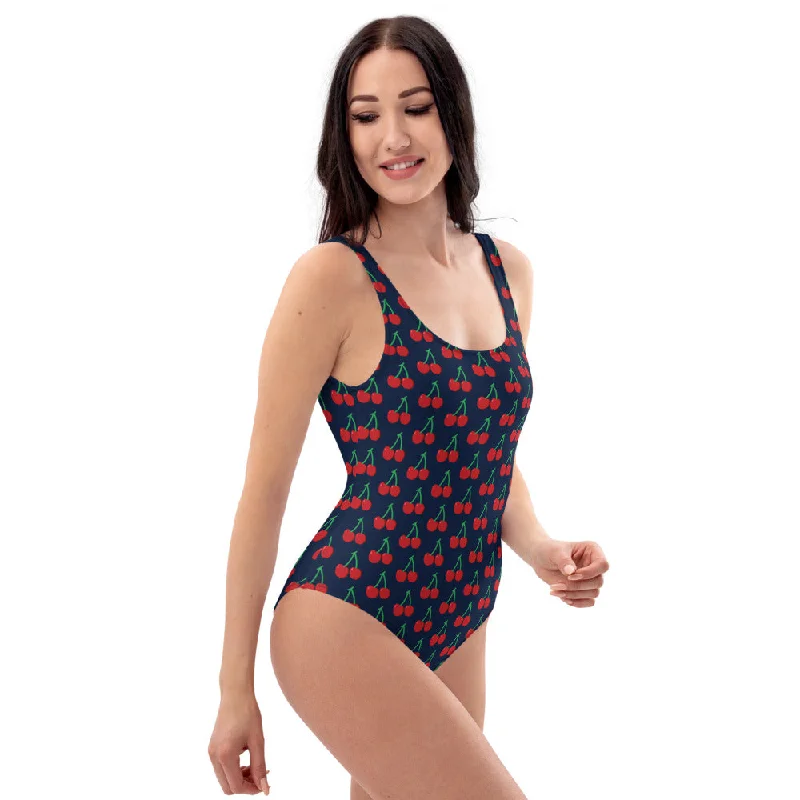 Blue Cherries One-Piece Swimsuit, Red Cherry Pattern Women's Swimwear-Made in EU/USA Solid Color Swimsuit Blue Cherries One-Piece Swimsuit, Red Cherry Pattern Women's Swimwear-Made in EU/USA Solid Color Swimsuit