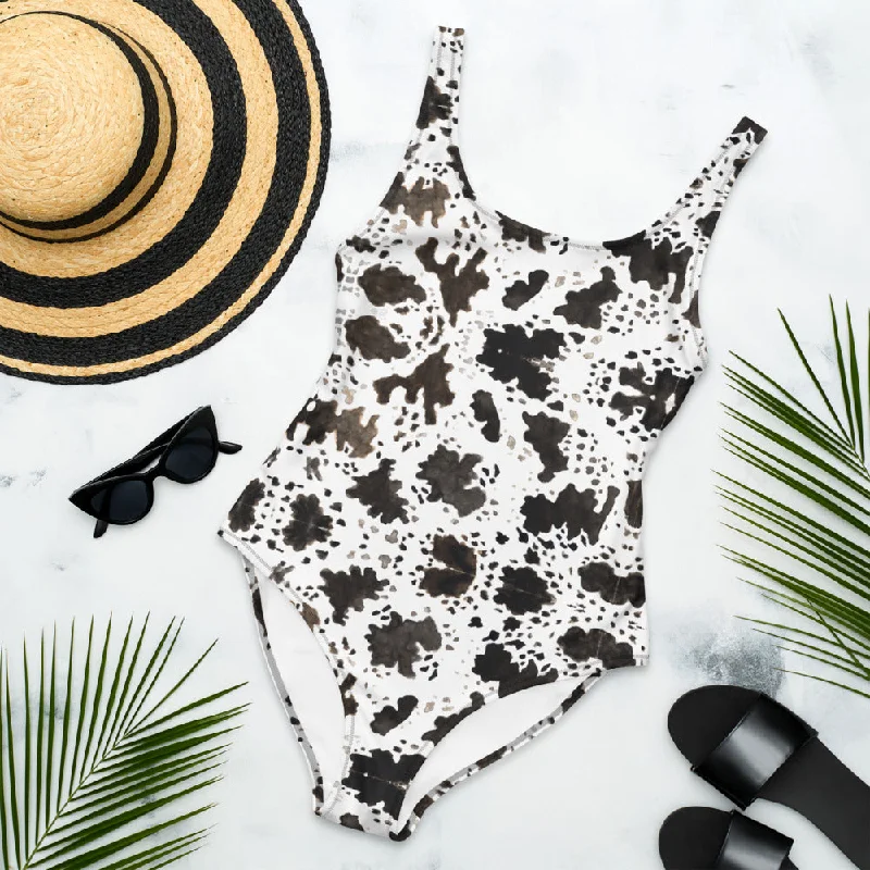Cow Animal Print Women's Swimwear, Designer Ladies One-Piece Swimsuit-Made in USA/EU Button-Front Swimsuit