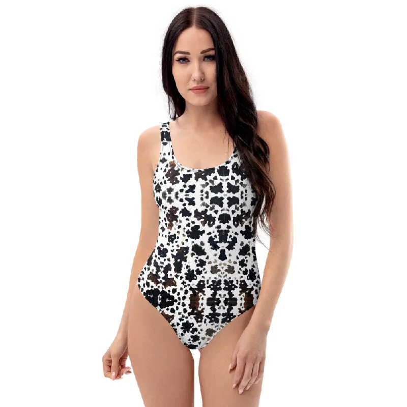 Cow Print Women's One-Piece Swimsuit, Animal Print Ladies Swimwear-Made in USA/EU Stylish Cover-Up Set Cow Print Women's One-Piece Swimsuit, Animal Print Ladies Swimwear-Made in USA/EU Stylish Cover-Up Set