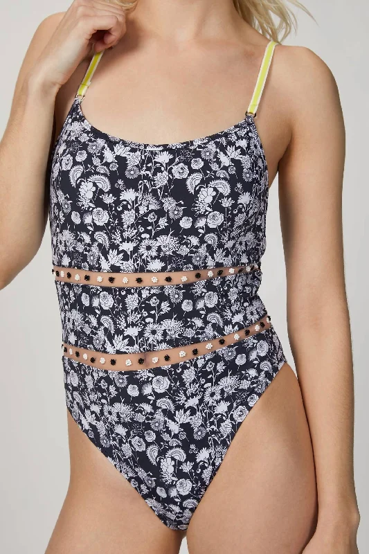 Cutout One-Piece Swimsuit In Blue Mini Flowers Ruffled Swimsuit Top