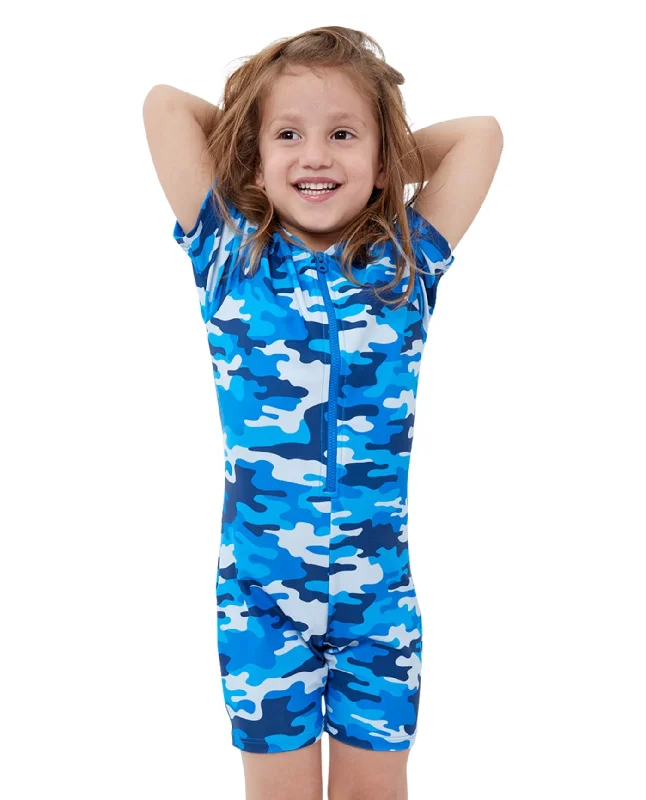 Gottex Kids Blue Camo Short Sleeve Zip Up Swim Overalls Beachy Ruffle Bikini