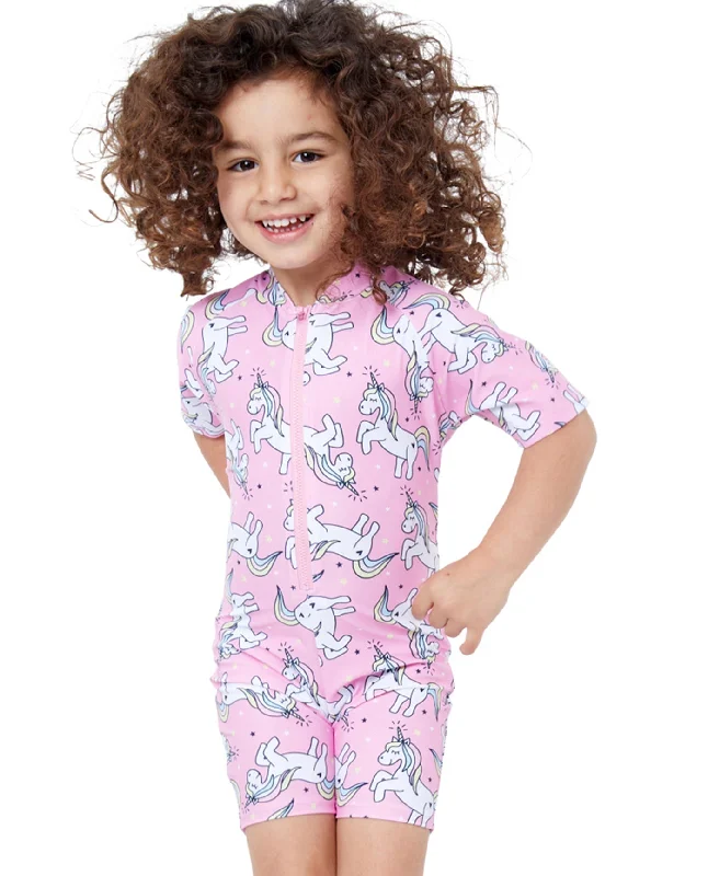 Gottex Kids Pink Unicorns Short Sleeve Zip Up Swim Overalls Floral Print Swimsuit