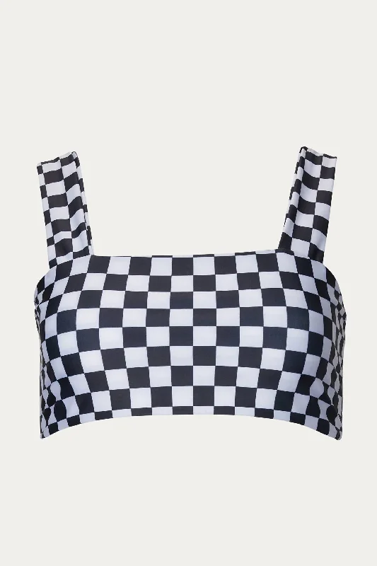 Luna Crop Swim Top In Black/white Checked Beachy Ruffle Bikini