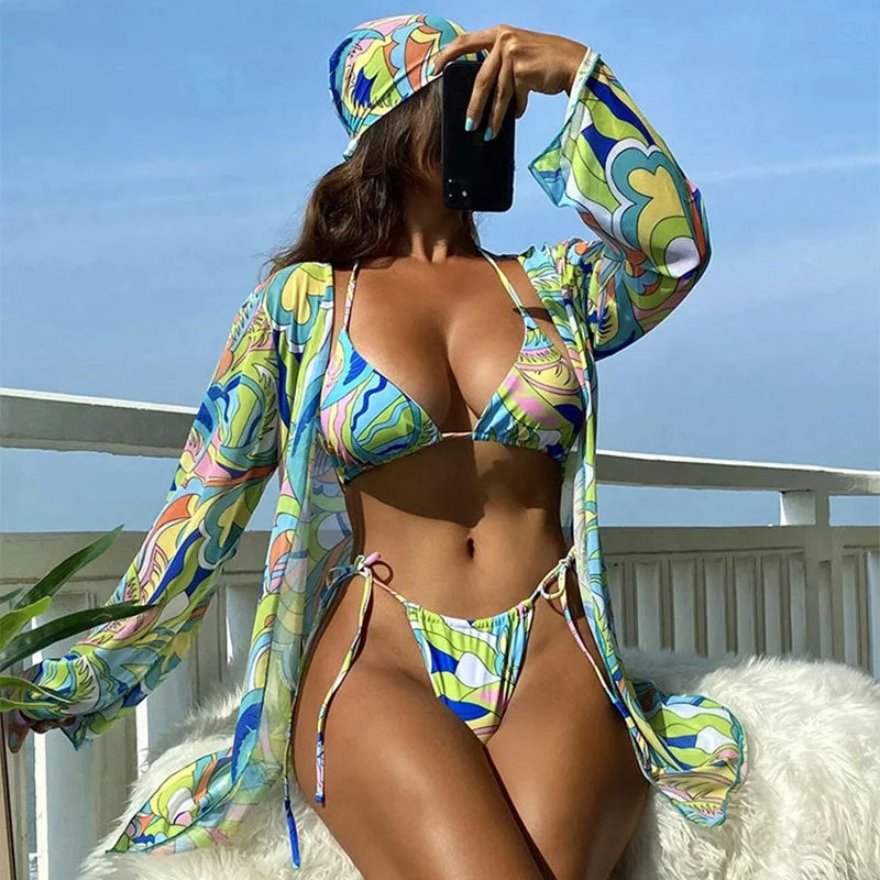 【MOQ-5 packs】 Printed Shawl Halter Swimsuit Three Piece Set Mesh Sunscreen Beach Spring Bikini Retro Swimwear Style