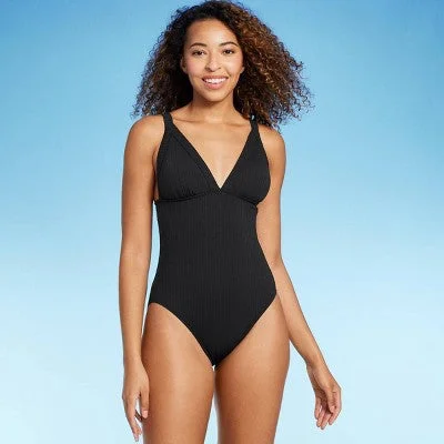 New - Shade & Shore Women's Triangle One Piece Swimsuit Ribbed Swimwear Adjustable Bikini Bottoms